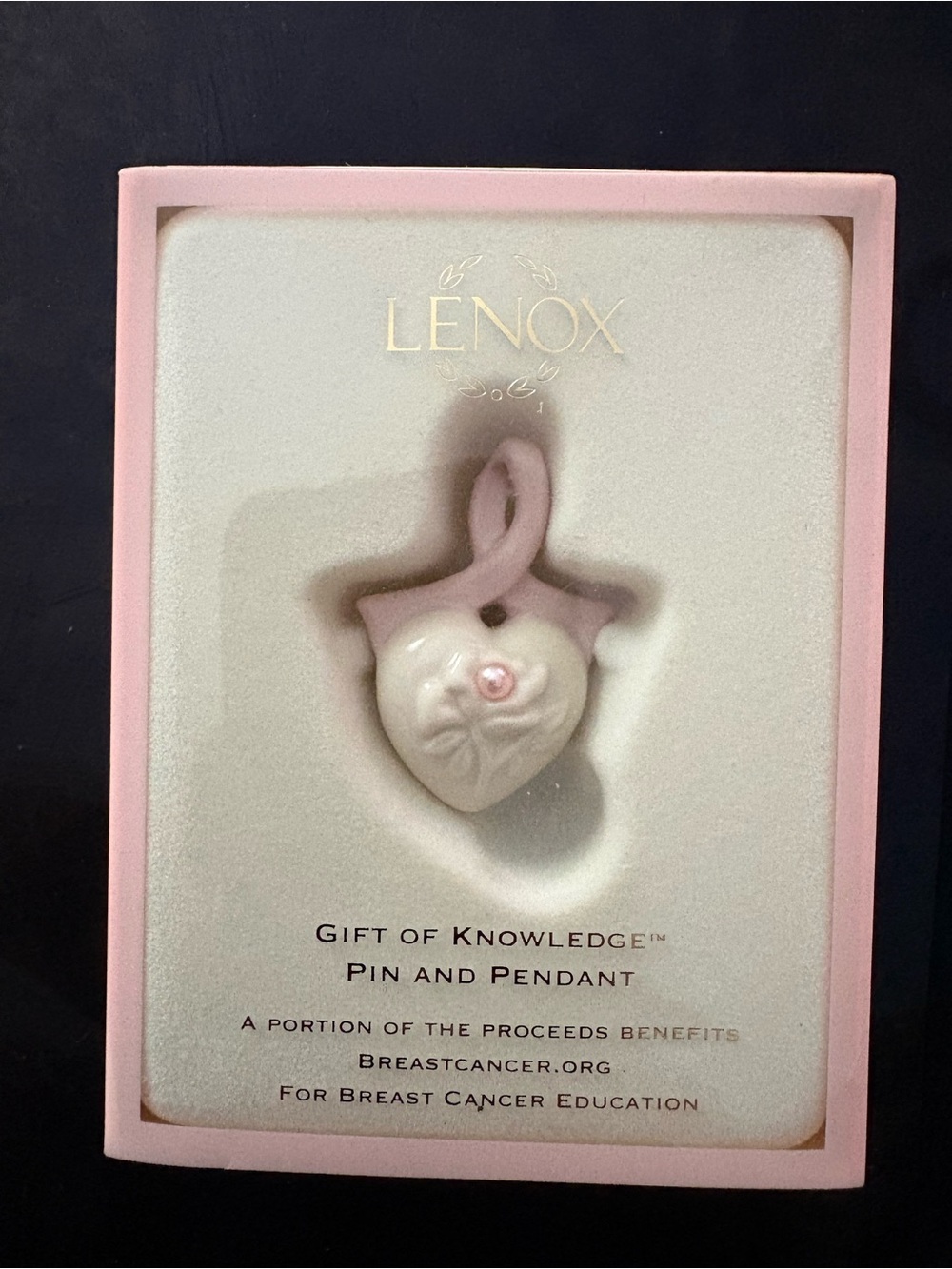 Lenox Pink and White Heart Ribbon Pin Pendant